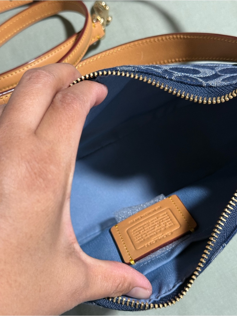 Coach Denim Signature Mini Shoulder Bag in Navy with Tan Strap - Picture 8 of 8